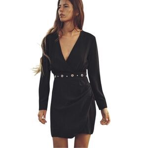 Zara Black V-neck Eyelet Trim Waist Long Sleeve Mini Dress